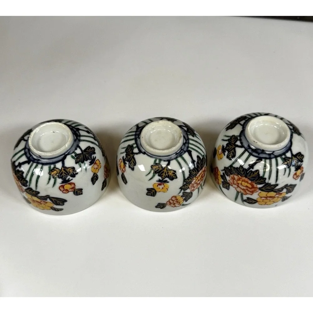 Japanese Tea Cups Sake Set of 3 Vintage Floral Orange Yellow‎ Gold Asian
